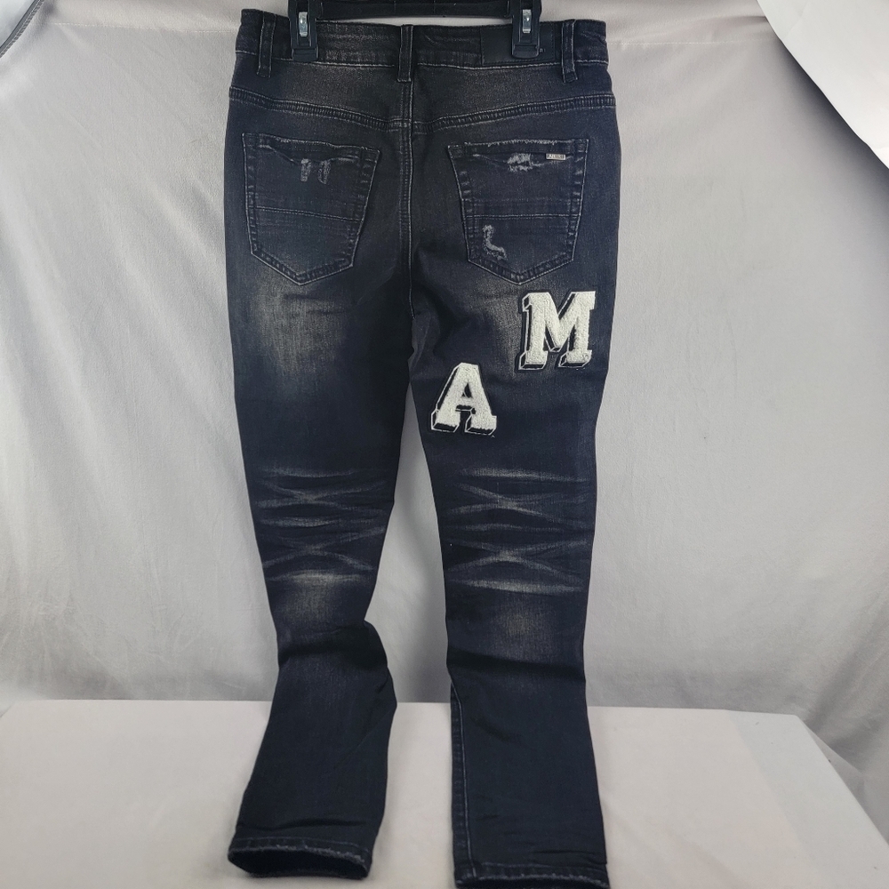 NWT black distressed monogram patch logo jeans in aged black Size 29 - Picture 5 of 7